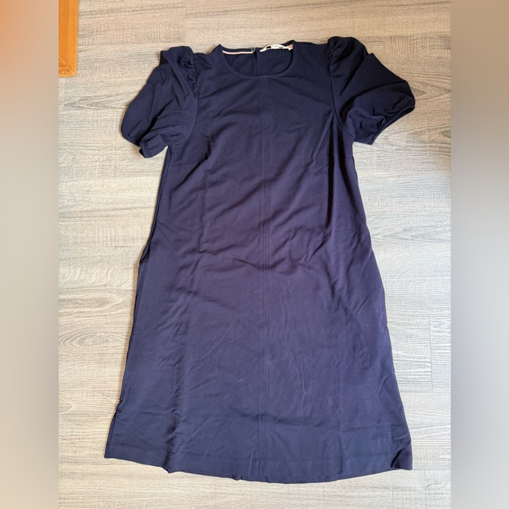 Boden Navy Blue Pointe Knit Stretch Short Puff Sleeve Midi Pocket Dress